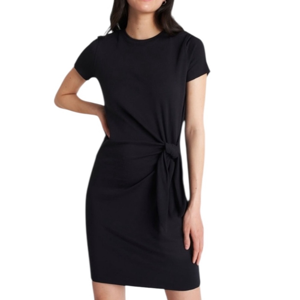 Black Knot-Waist Short Sleeve Dress